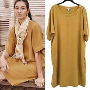 J Jill Pure Jill Mustard Yellow Dress Pockets 100% Tencel Short Sleeve Shift